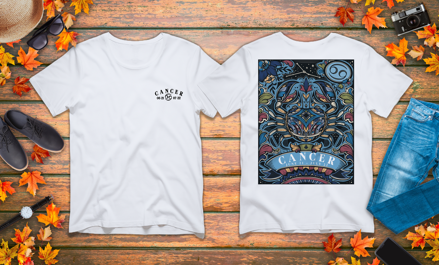 Colorful Cancer Zodiac T-Shirt – Crab with Constellation, Leaves & Flowers