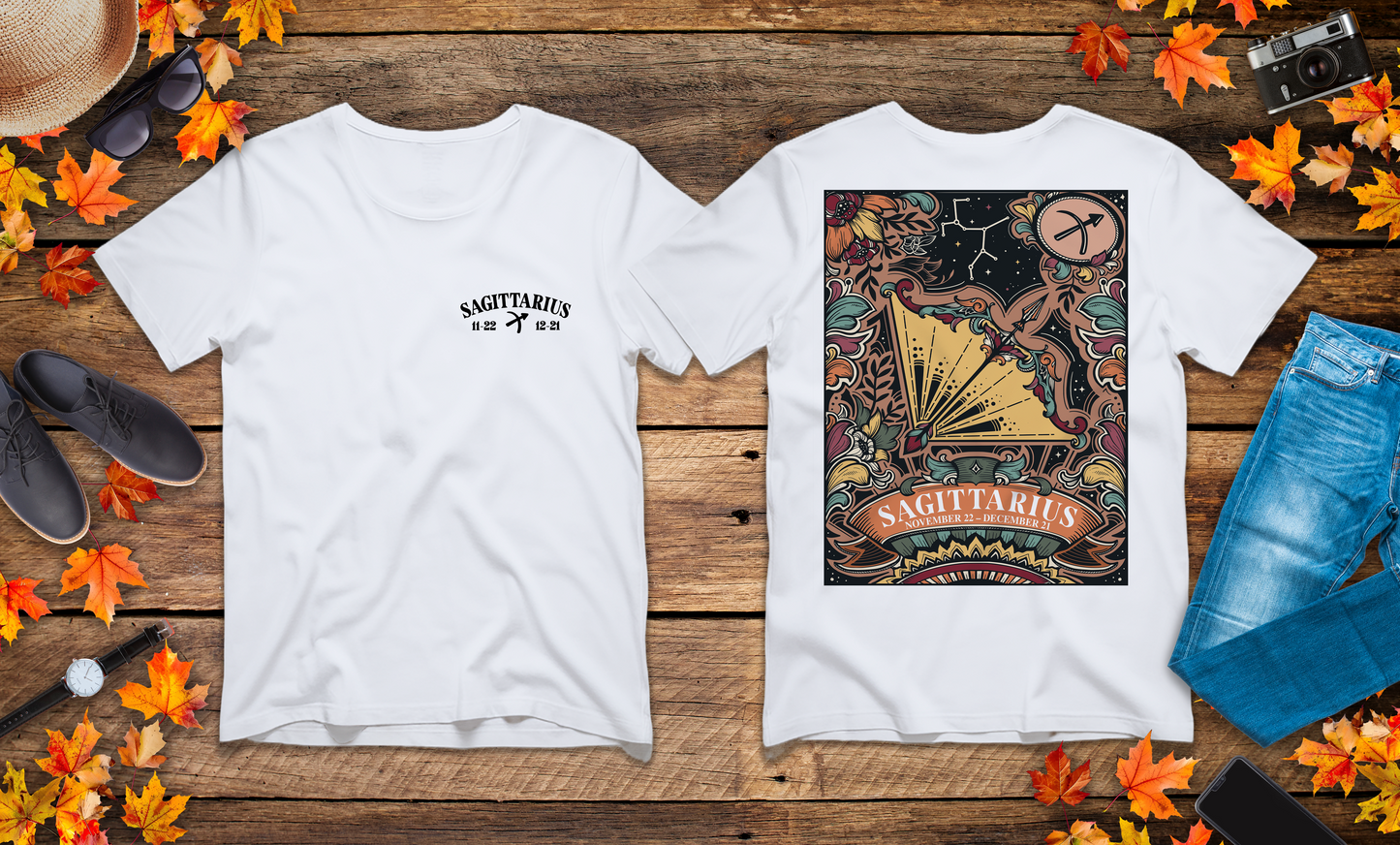 Sagittarius Zodiac T-Shirt – Constellation and Abstract Floral Design