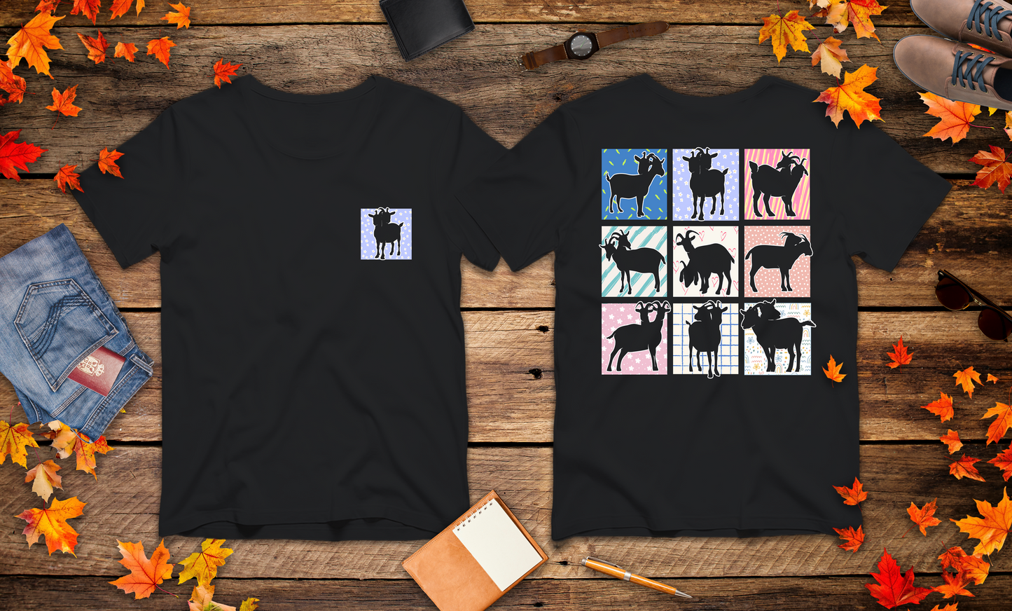 Double-Headed Goat Outline Graphic T-Shirt