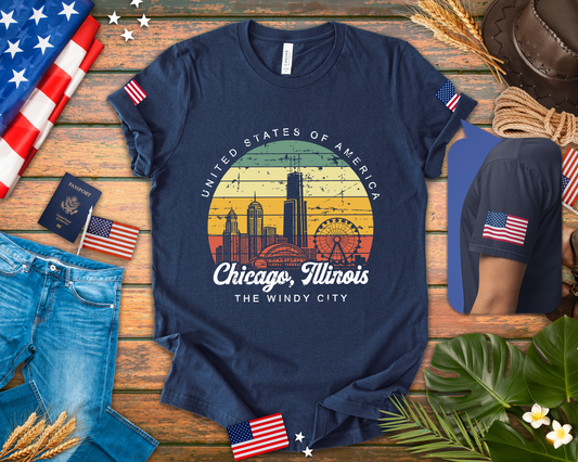 Chicago Illinois Retro Sunset T-Shirt - Vintage Skyline Ferris Wheel 70s Circle Design