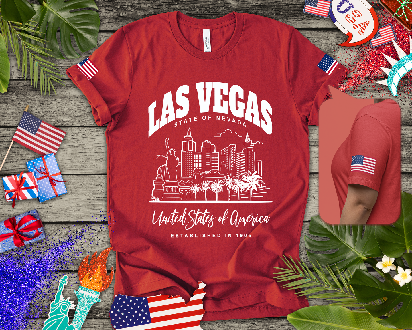 Las Vegas State of Nevada T-Shirt - Established 1905 Red White Skyline USA Design