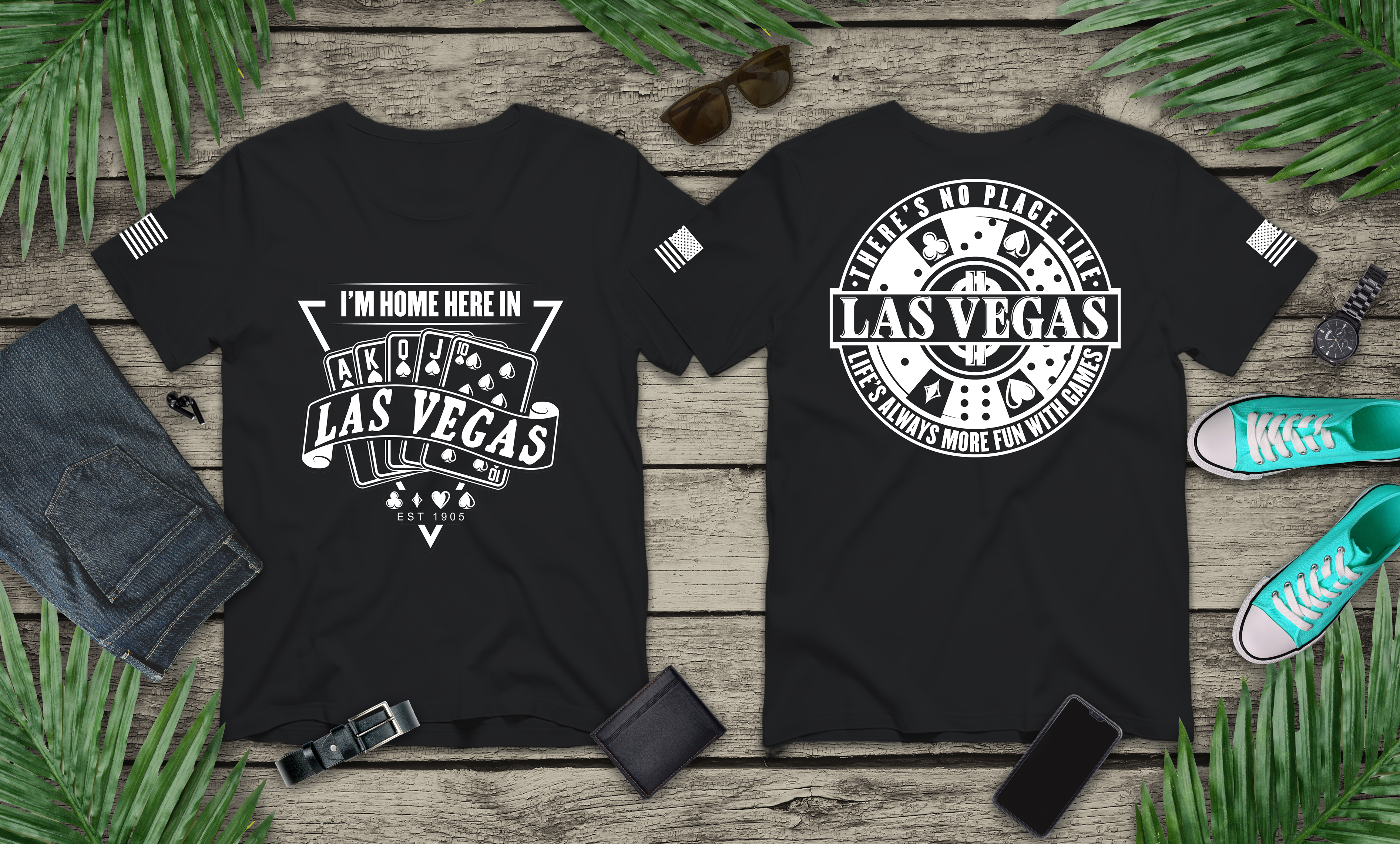 I'm Home Here in Las Vegas Front & Back T-Shirt – Poker Cards Casino Royal Flush Tee