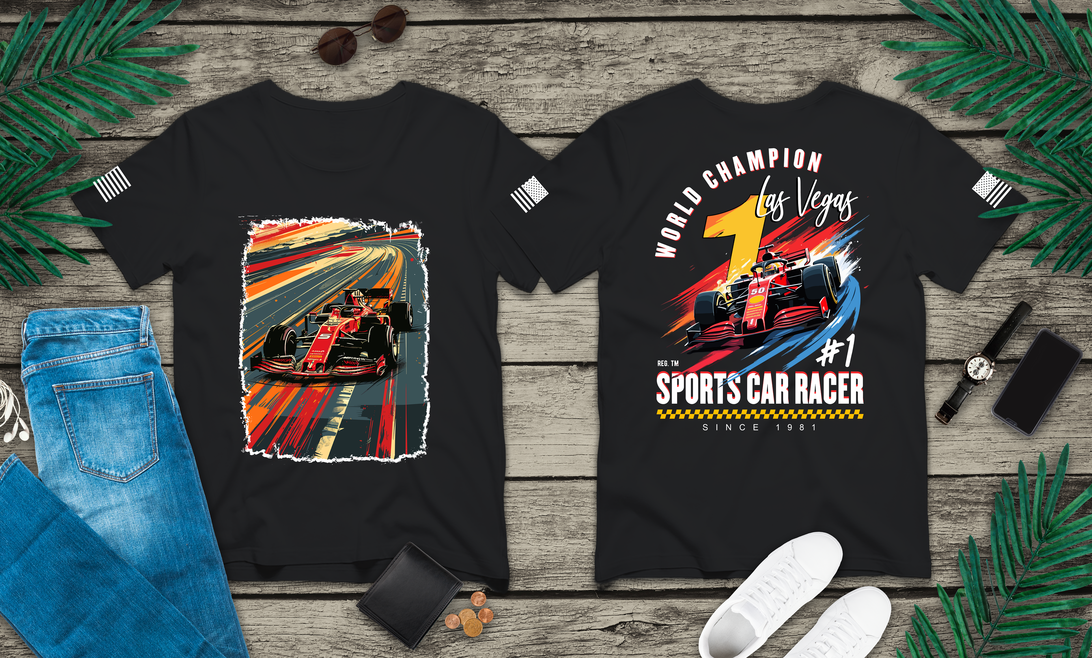 Las Vegas World Champion Sports Car Racer Front & Back T-Shirt – Formula Racing Graphic Tee