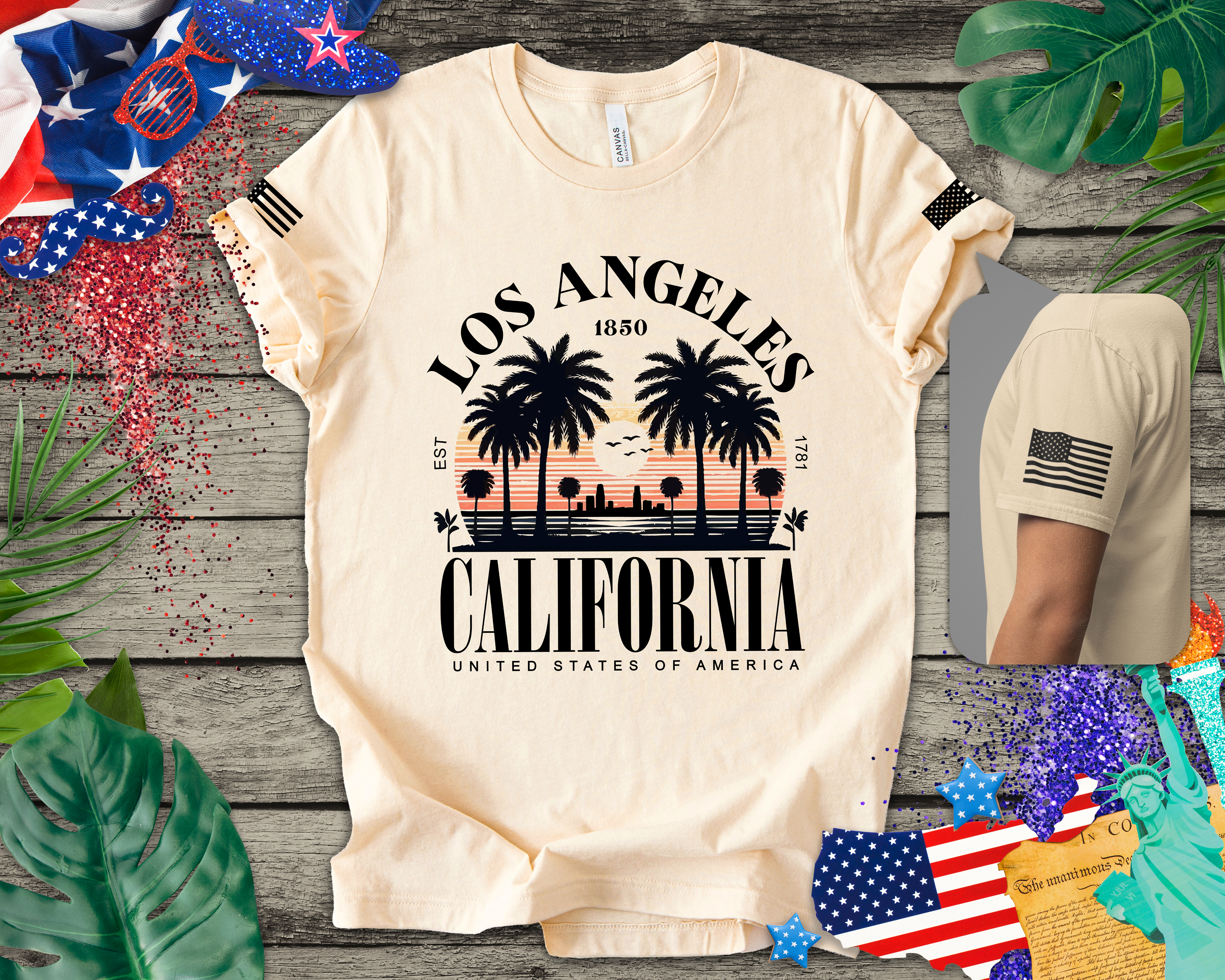 Los Angeles California Santa Monica Pier T-Shirt – Sunset Palm Tree Beach Graphic Tee