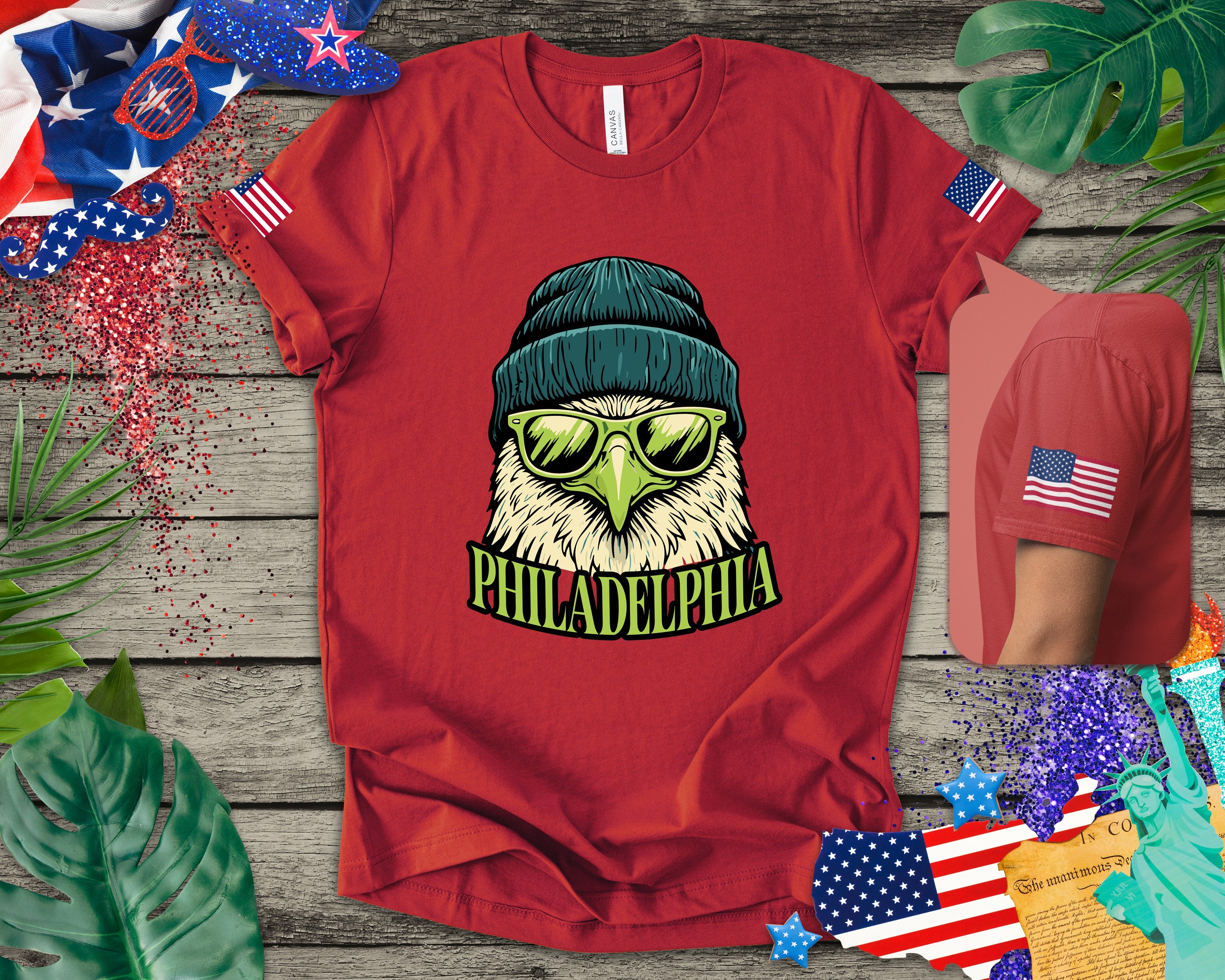 Philadelphia Cool Eagle Beanie Sunglasses Graphic T-Shirt | Funny Philly Football Fan Tee | Eagles Pride Shirt