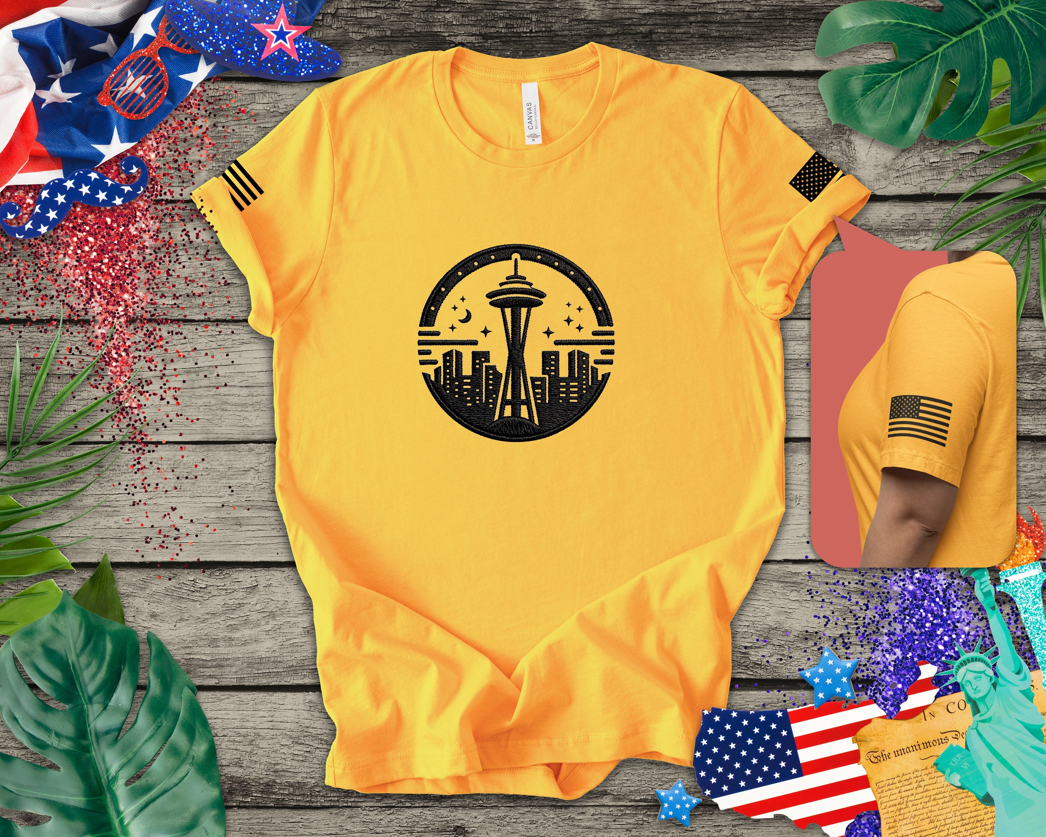 Seattle Space Needle Night Sky Circle Emblem Graphic T-Shirt | Seattle Souvenir Tee | Emerald City Emblem Shirt
