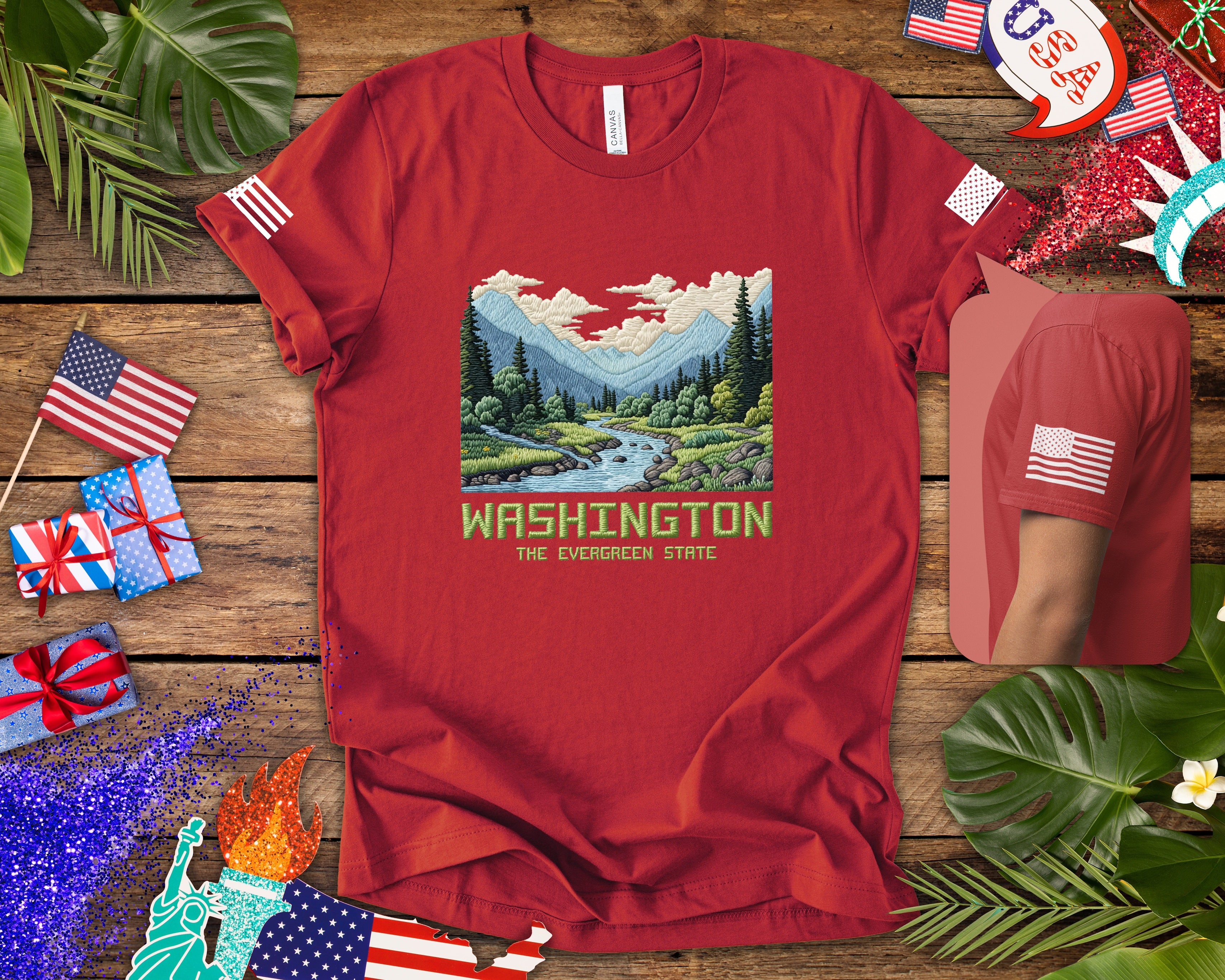 Washington The Evergreen State Embroidery-Style Mountain River Graphic T-Shirt | Pacific Northwest Nature Tee | WA Souvenir