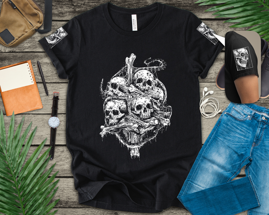 Gothic Skull Pile T-Shirt – Dark Horror Skeleton Art Graphic Tee