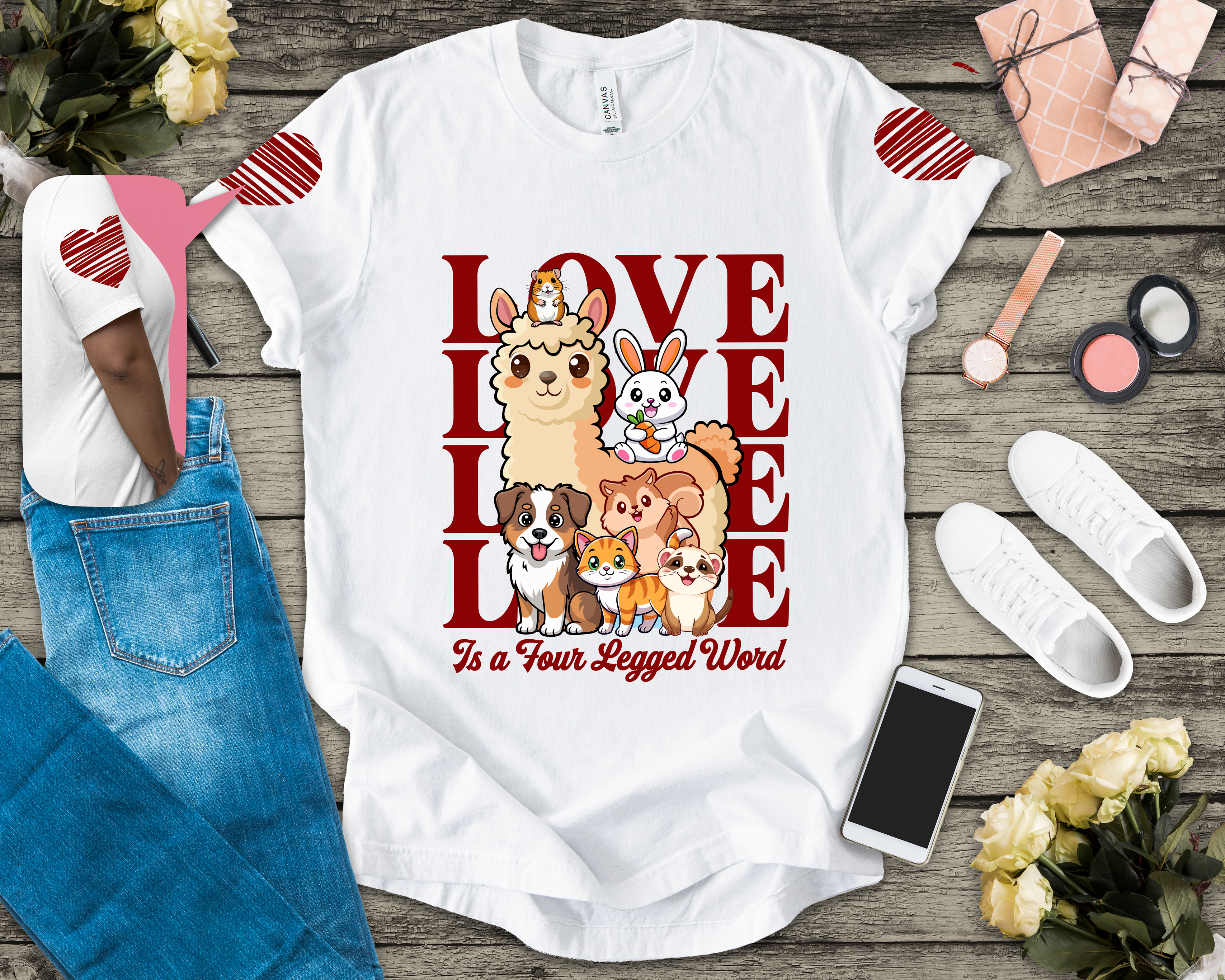 Love Is a Four Legged Word T-Shirt – Cute Animals Llama Dog Cat Rabbit Pet Lover Graphic Tee