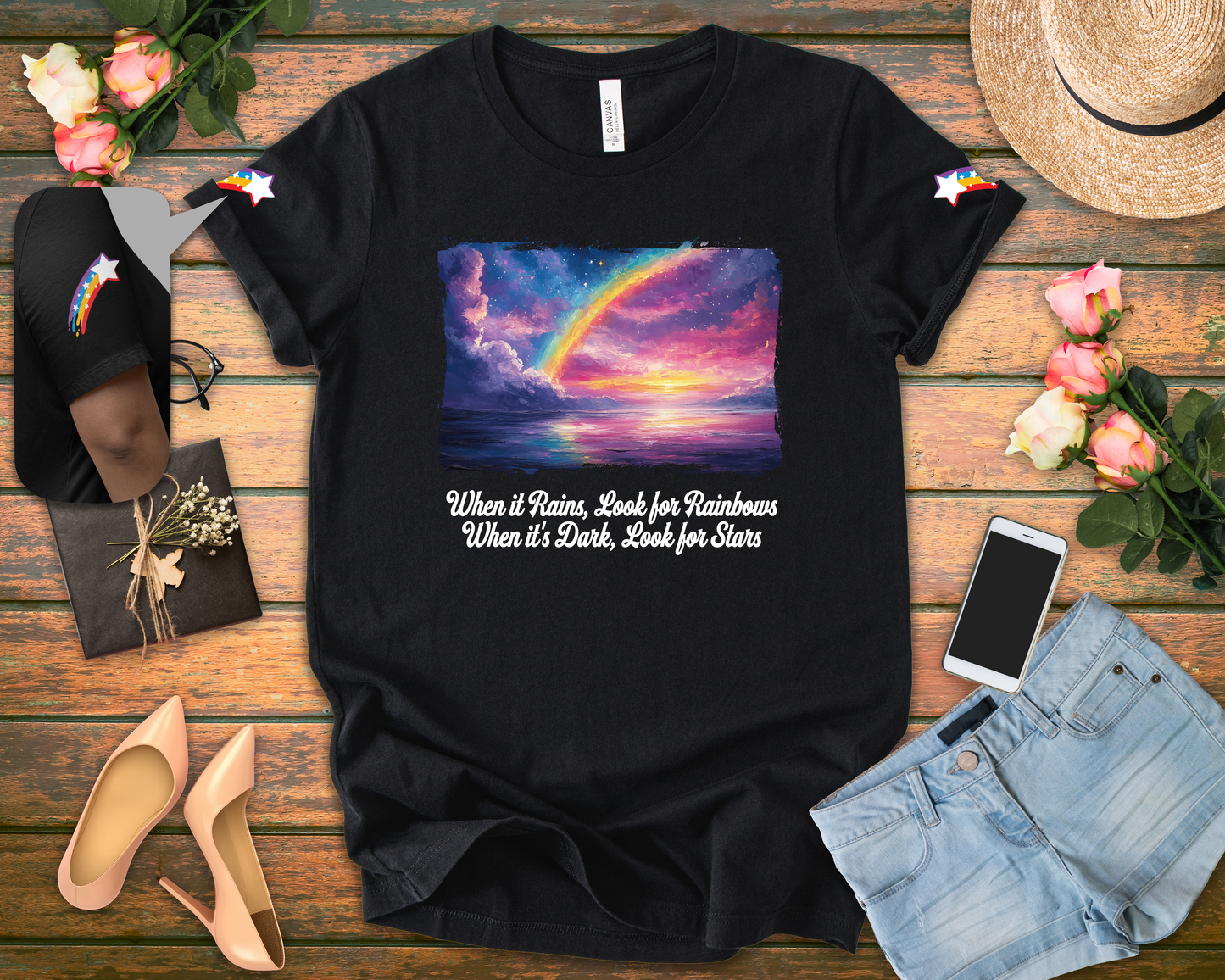 When It Rains Look for Rainbows T-Shirt – Inspirational Hope Optimism Quote Graphic Tee