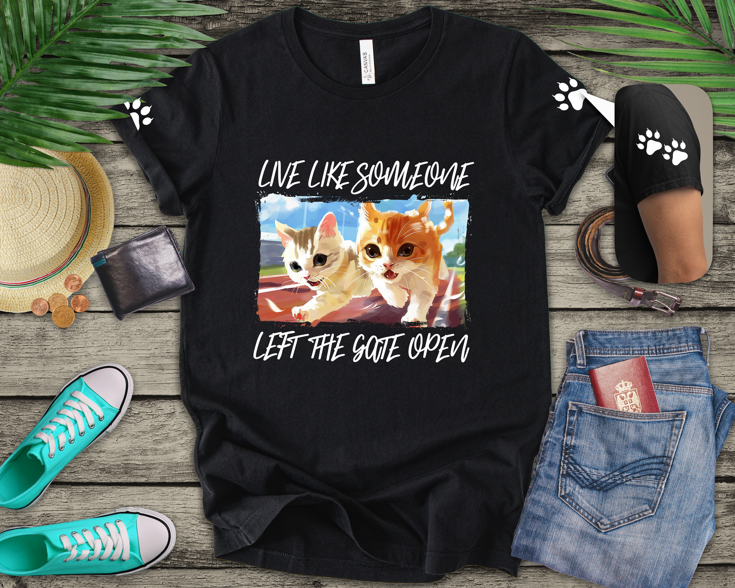 Live Like Someone Left the Gate Open T-Shirt – Running Kittens Freedom Adventure Quote Graphic Tee
