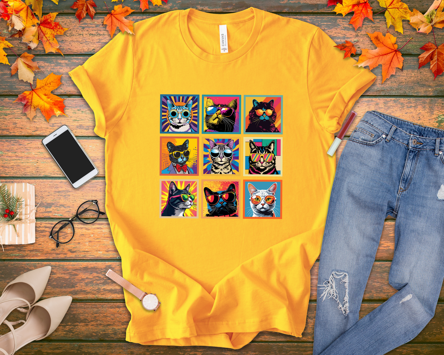Cool Cats Pop Art Sunglasses Tshirt – Nine Retro Kitty Squares
