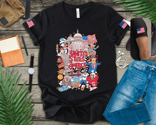 United States of America Collage T-Shirt – Iconic American Symbols Graphic Tee