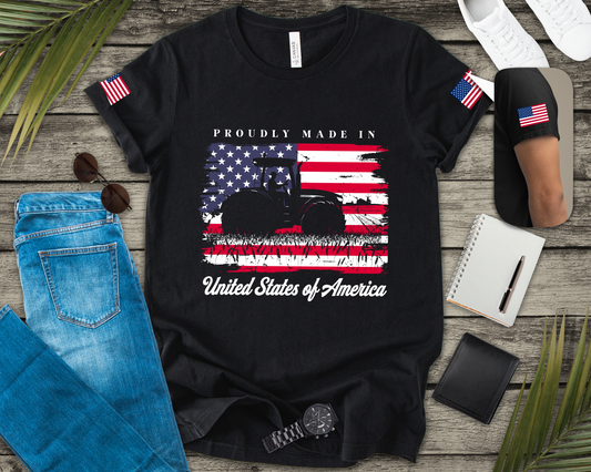Proudly Made in USA T-Shirt – American Farmer Tractor Flag Patriotic Graphic Tee