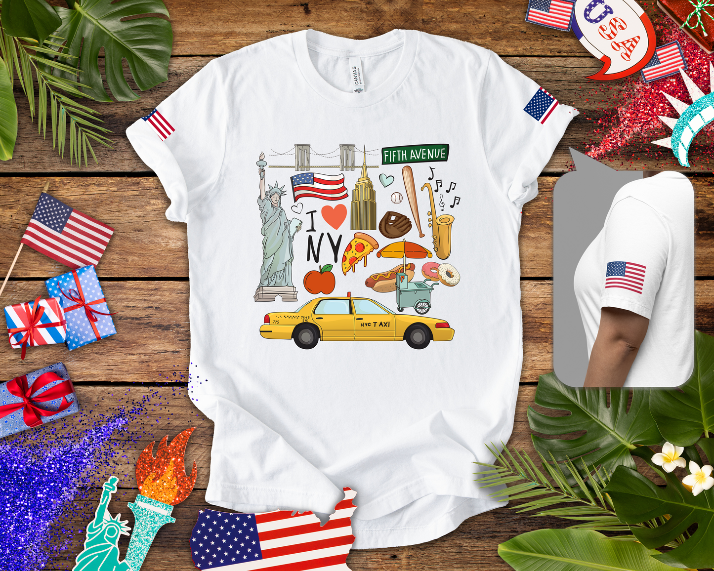 I Love NY T-Shirt - New York City Icons Graphic Tee with Statue of Liberty, Taxi & Food