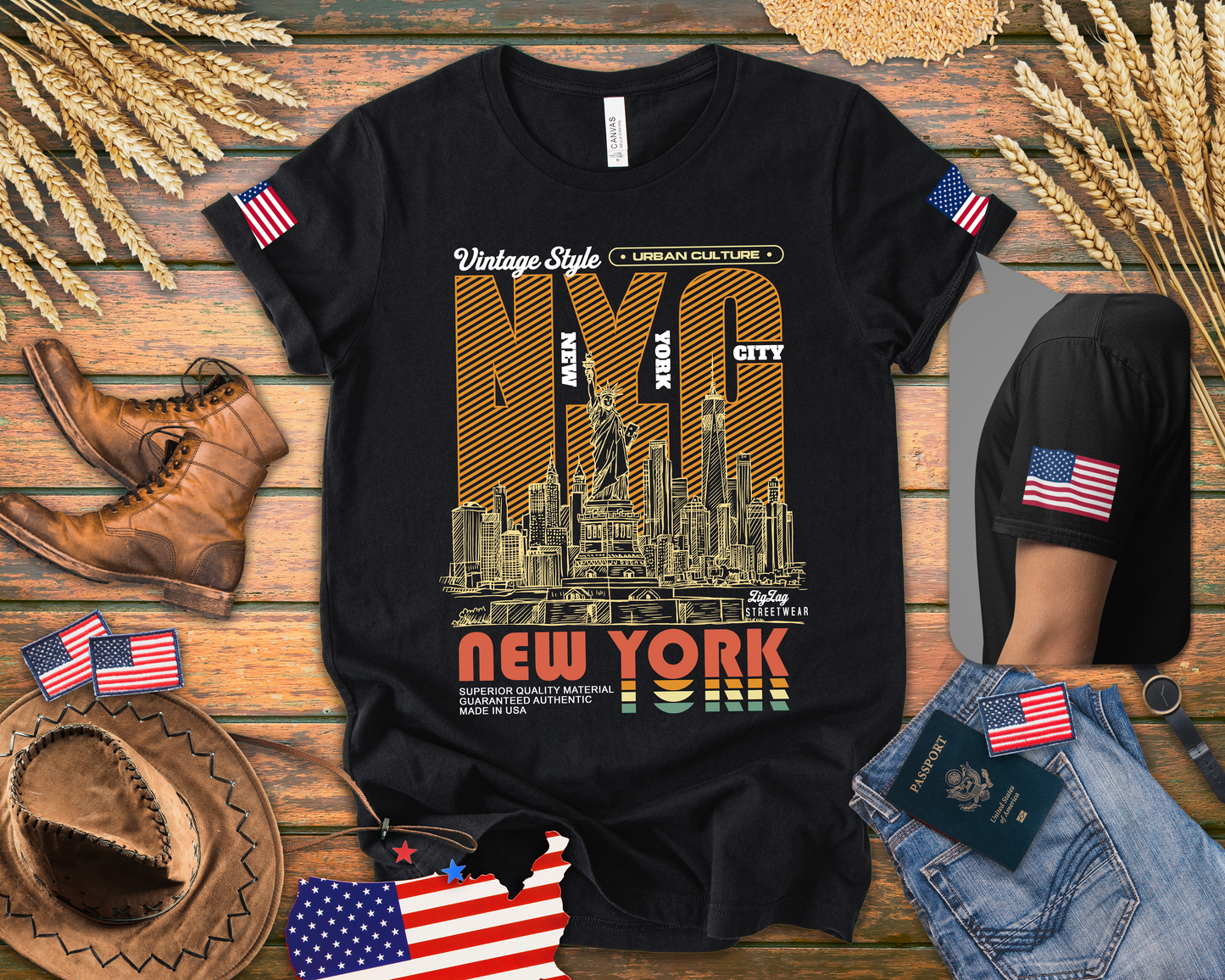 Vintage NYC T-Shirt - New York City Urban Culture Retro Orange Striped Design
