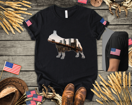 NYC Dog Silhouette T-Shirt - New York City Skyline in French Bulldog Shape Brooklyn Bridge