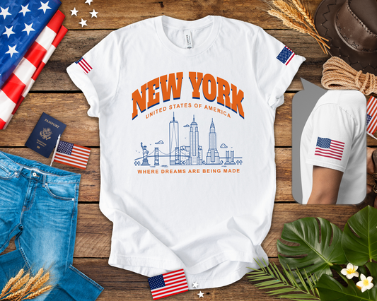 New York Dreams T-Shirt - Where Dreams Are Being Made USA Orange Blue Skyline