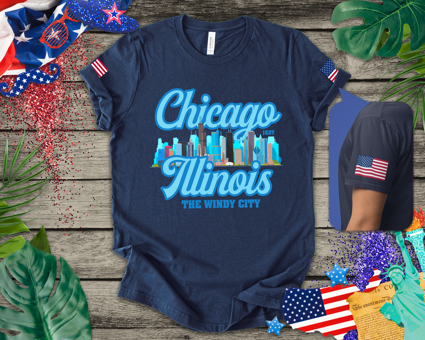 Chicago Illinois Windy City T-Shirt - 1837 Blue Colorful Skyline Navy Design
