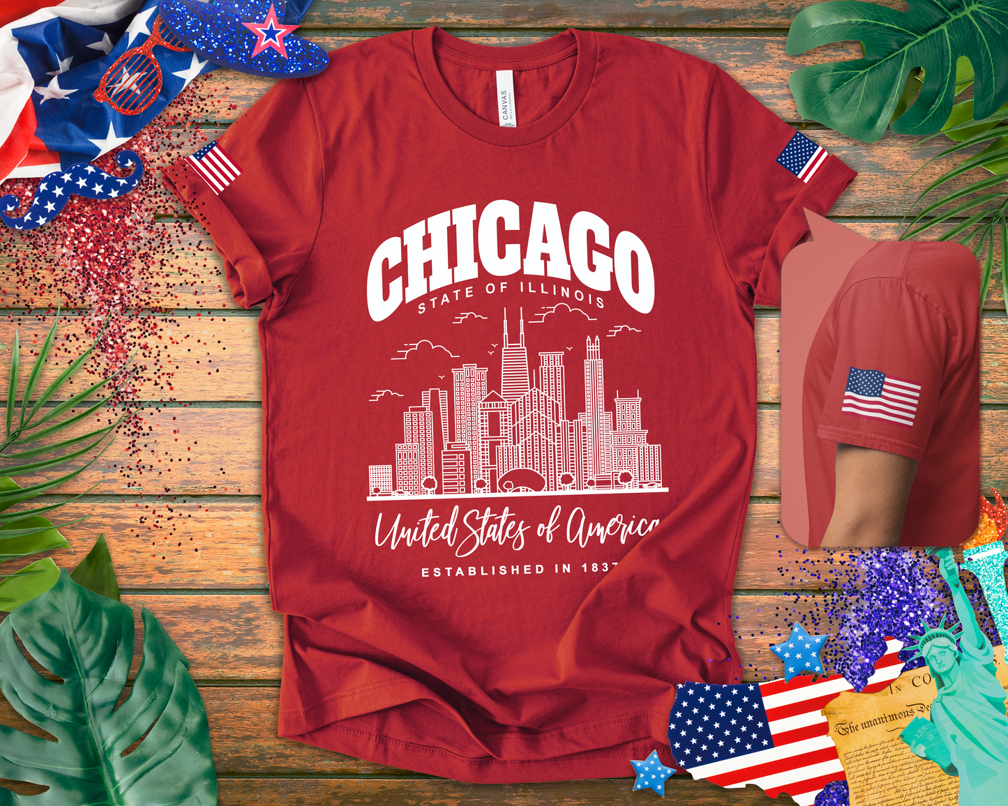 Chicago Illinois T-Shirt - State of Illinois Est 1837 White Skyline Design