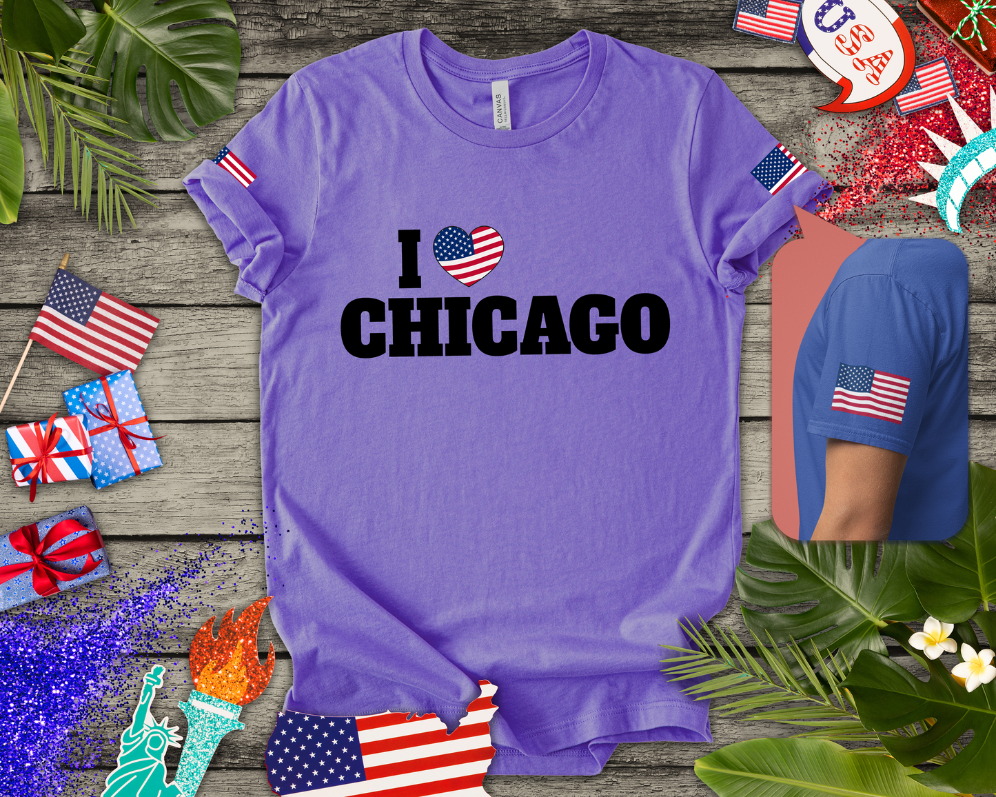 I Love Chicago T-Shirt - Classic USA Flag Heart Black Simple City Pride Design