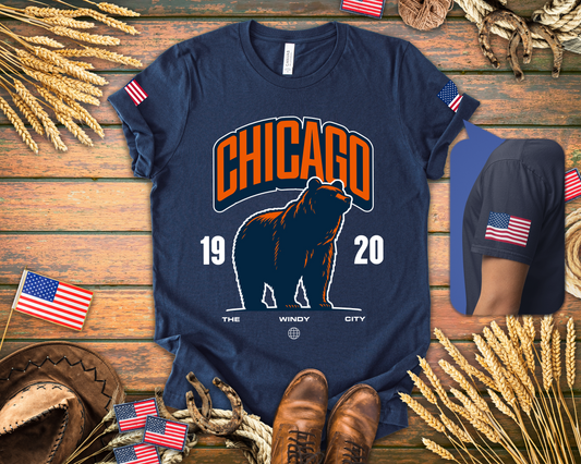 Chicago Bear T-Shirt - The Windy City 1920 Navy Orange Roaring Bear Mascot