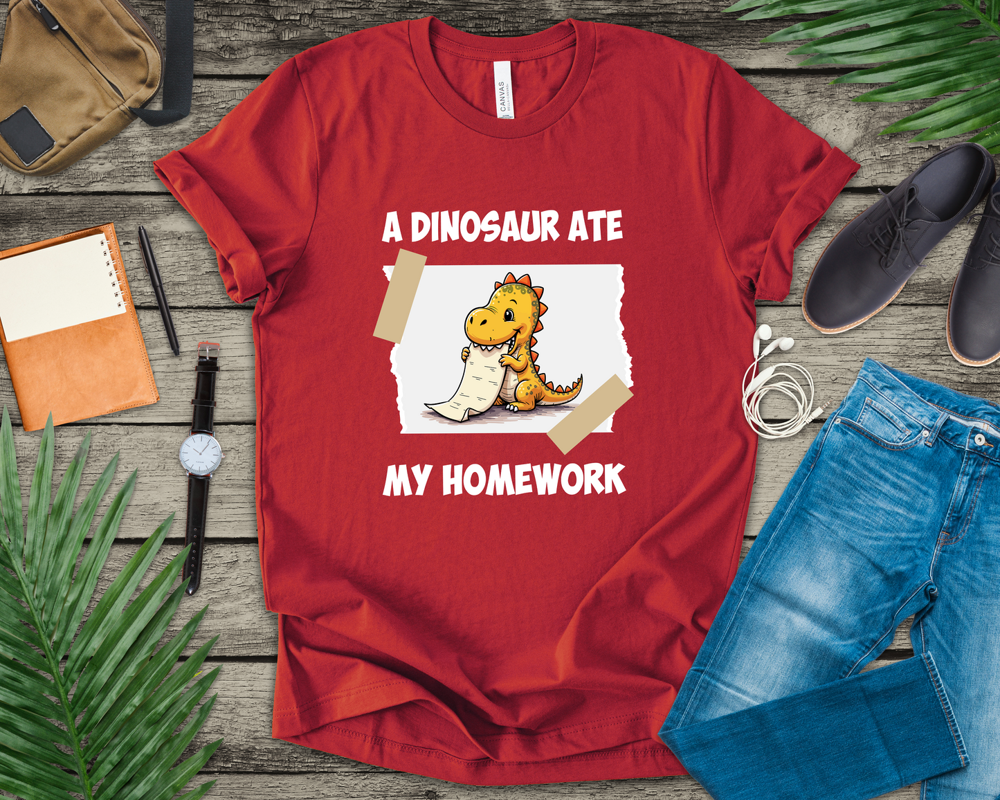 Homework Excuse T-Shirt – Cute Dino Eating Homework Graphic
