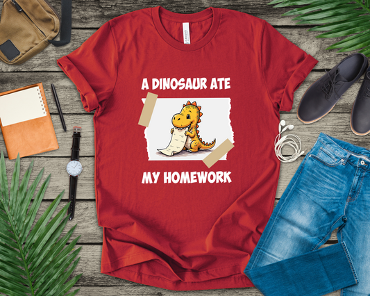 Homework Excuse T-Shirt – Cute Dino Eating Homework Graphic