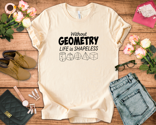 Math Humor T-Shirt – Without Geometry Life Is Shapeless with 3D Shapes