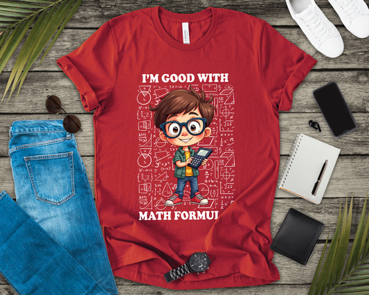 I'm Good with Math Formulas Tshirt – Happy Boy with Calculator and Math Diagrams