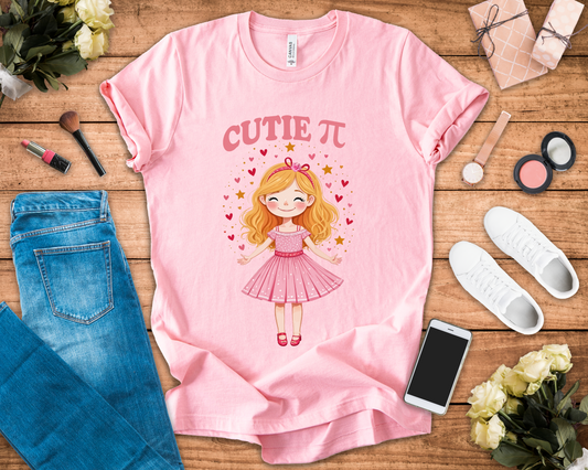 Cutie Pi Tshirt – Happy Girl with Pi Symbol, Hearts, and Stars Graphic