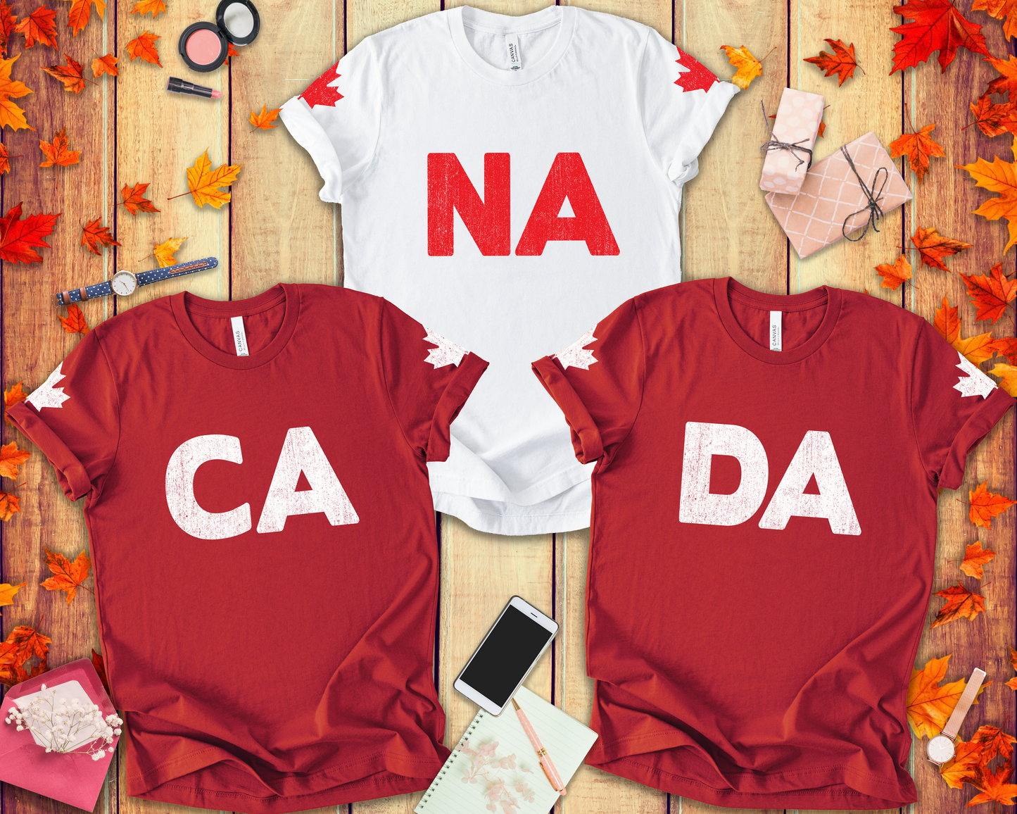 Canada Trio Maple Split Classic - CA, NA, DA T-Shirt Set 3-In-1 Bundle [Red and White Only]