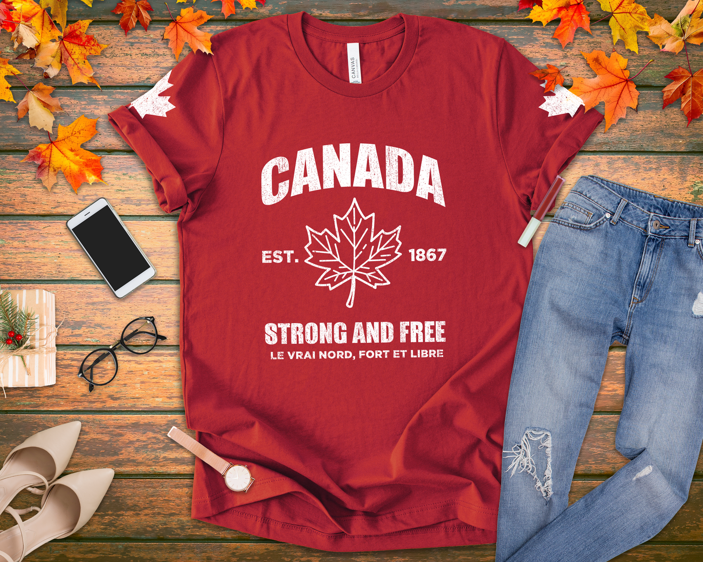 Canada Strong and Free Maple Heritage - White Print T-Shirt