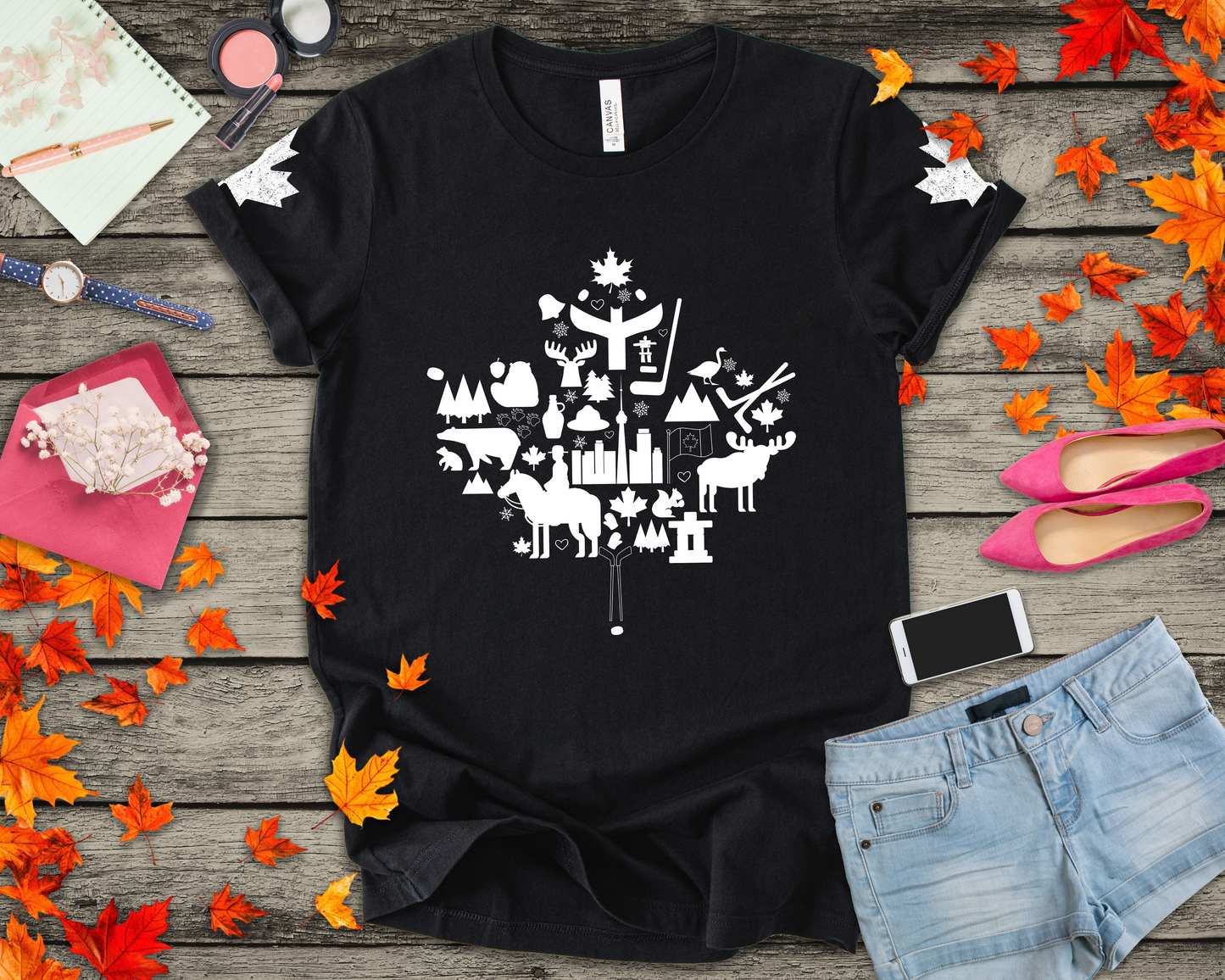 Canada Icons collage of iconic Canadian symbols Maple - White Print T-Shirt