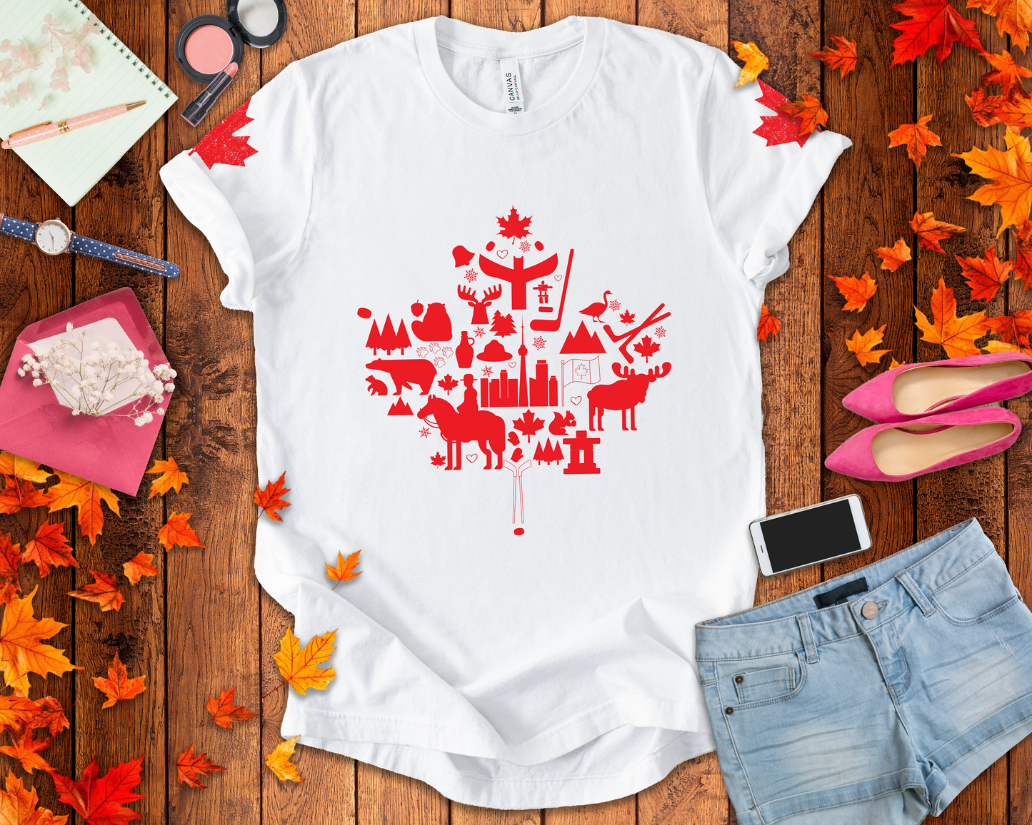 Canada Icons collage of iconic Canadian symbols Maple - Red Print T-Shirt