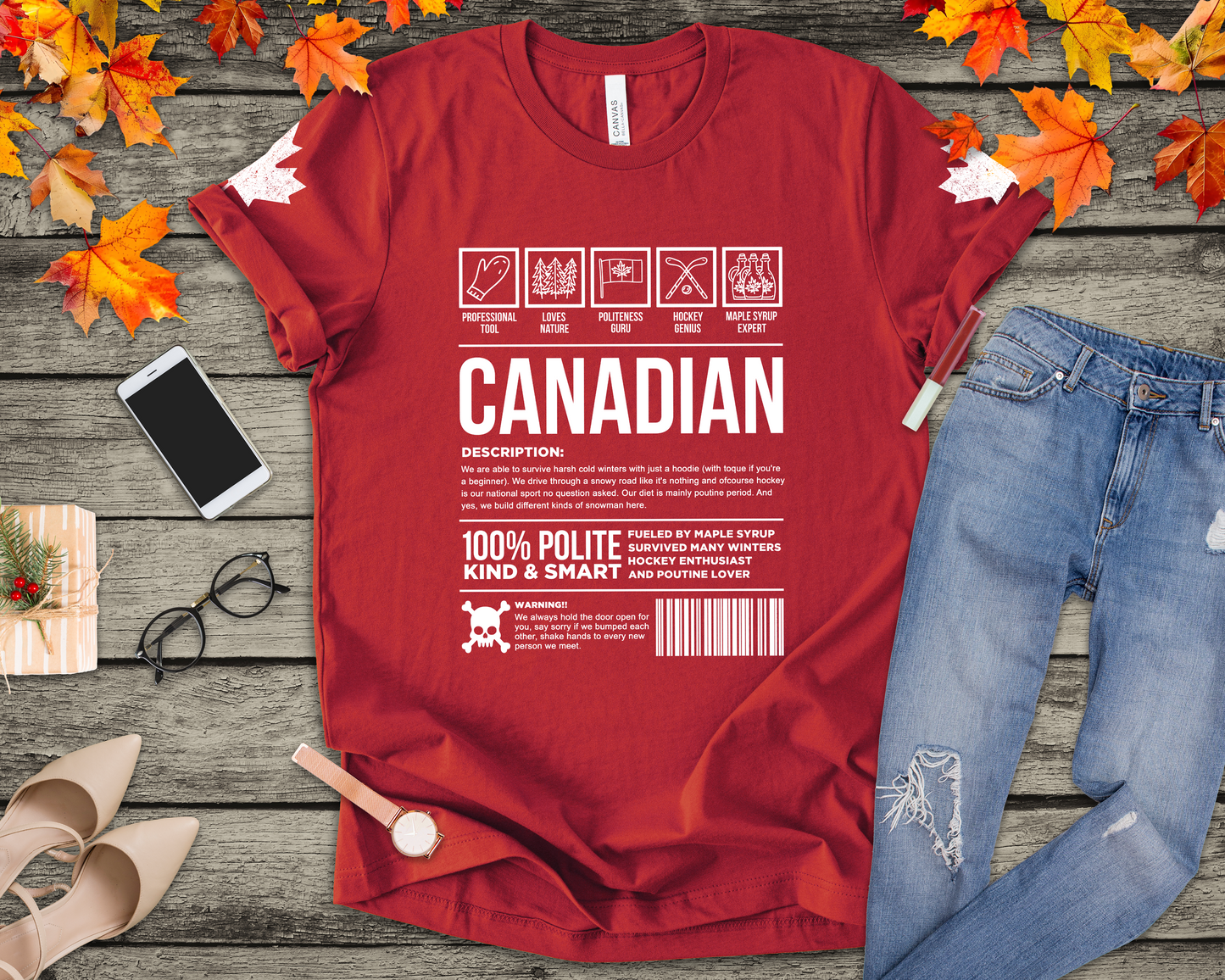 Canadian Traits Nutrition Facts - White Print T-Shirt