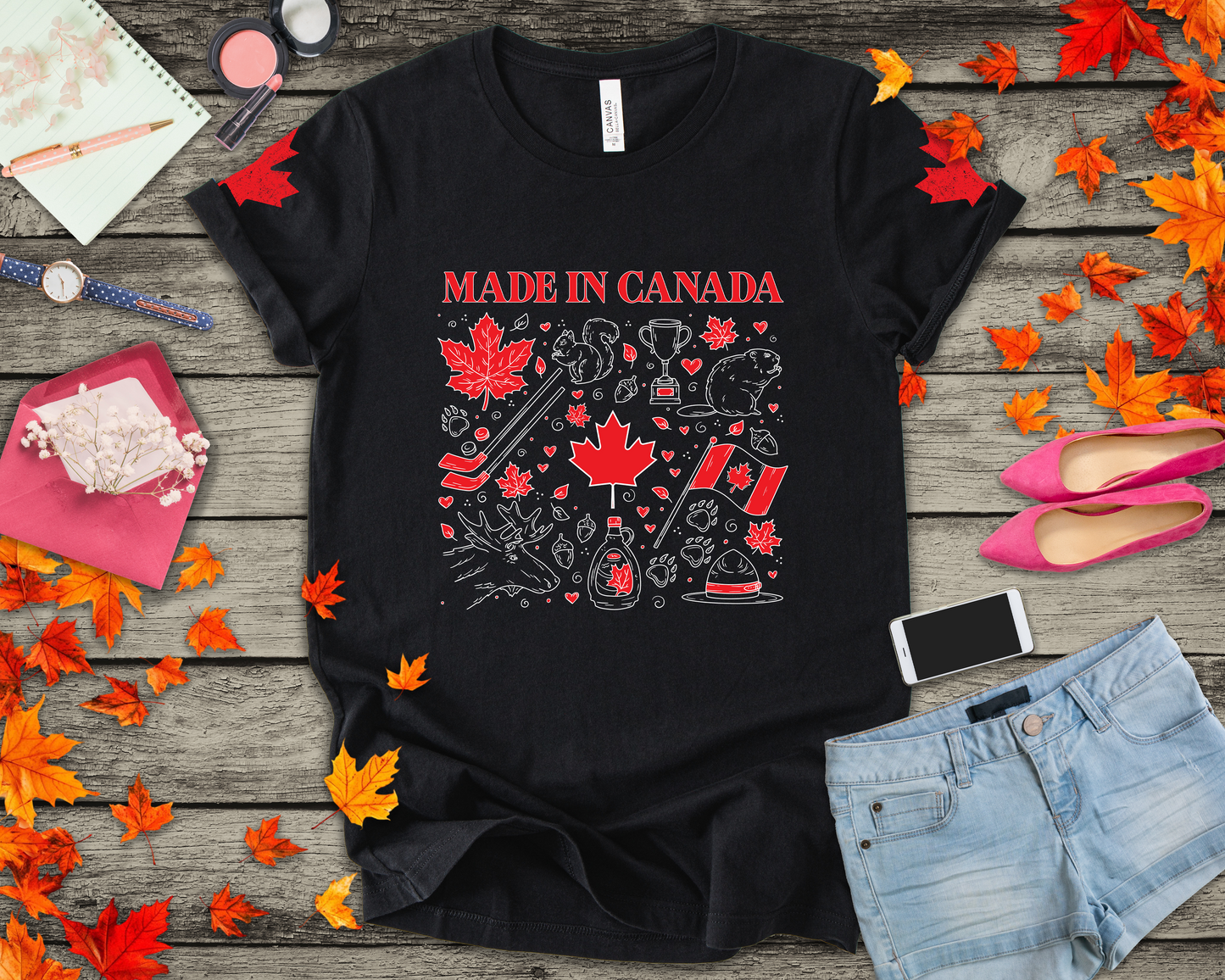 Made In Canada Iconic Symbols - Red & White outline Print T-Shirt