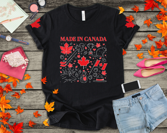Made In Canada Iconic Symbols - Red & White outline Print T-Shirt