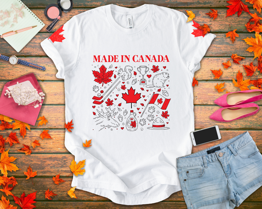 Made In Canada Iconic Symbols - Red & Black outline Print T-Shirt