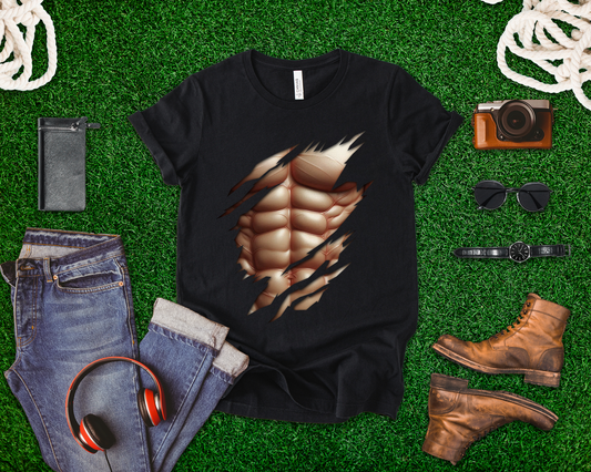 Fake Muscles Shirt, Ripped Chest Costume Tee, Six Pack Abs Funny Graphic T Shirt, Joke Fitness Apparel, Party Costume Gym Gag Top