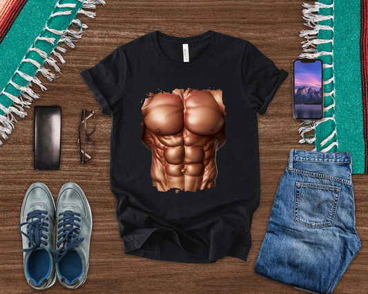 Chest Six Pack Abs Shirt, Muscles Bodybuilder Tee, Printed Gym T Shirt, Fitness Buff Costume Apparel, Fake Abs Funny Graphic Top