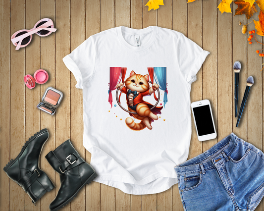 Circus Aerialist Cat Shirt, Funny Trapeze Performer Tee, Acrobatic Pet Graphic T Shirt, Quirky Performer Humor Apparel, Flying Cat Top