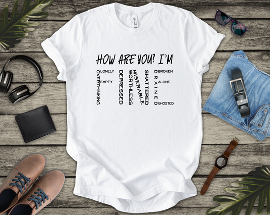 How Are You? I'm Fine Graphic Statement Tee for Mental Health Awareness and Emotional Honesty Advocates