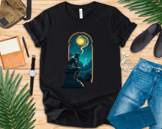 Muscular Statue Deep in Thought on Stage with Scenic Window View Graphic T-Shirt