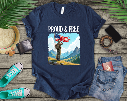 Proud and Free | Patriotic US Flag & Soldier Salute T-Shirt