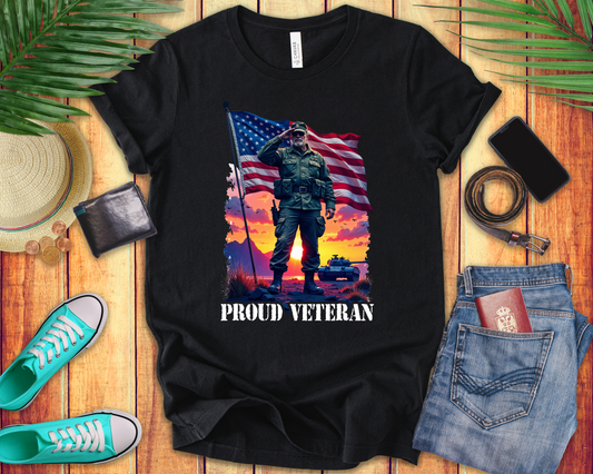 Proud Veteran | US Flag, Saluting Soldier & Tank T-Shirt