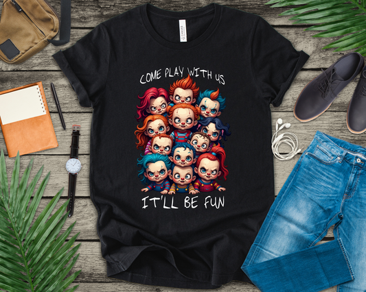 Come Play With Us – Scary Horror Kids Dolls Group Graphic T-Shirt
