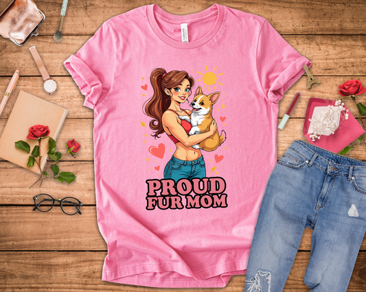 Proud Fur Mom – Happy Woman Hugging Puppy with Hearts and Sunshine Graphic T-Shirt