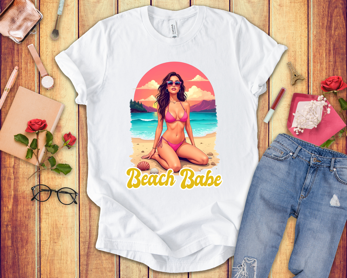 Beach Babe T-Shirt – Stylish Women in Bikini Beach Graphic Tee