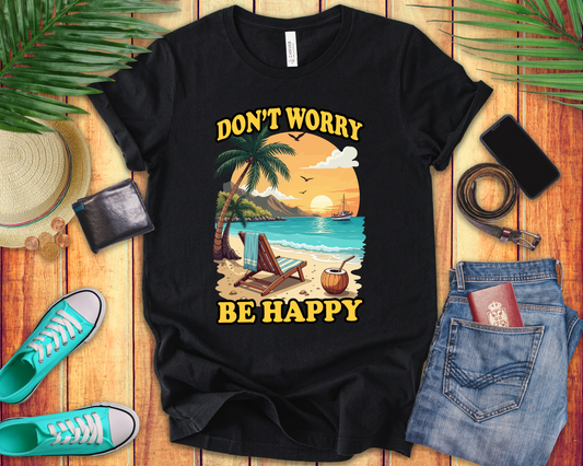 Don’t Worry Be Happy T-Shirt – Retro Beach Sunset Graphic Tee